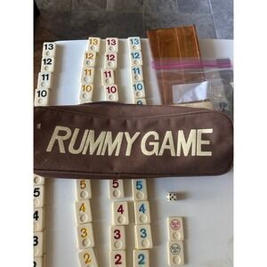 Rummy Game Tiles and Bag 1-13 Complete Set with Jokers and Wooden Rack vintage